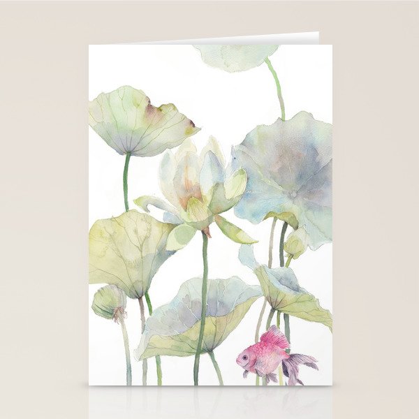Lotus Flower and Leaves Pink Goldfish Watercolor  Stationery Card Gallery Image 1