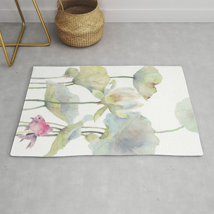 Lotus Flower and Leaves Pink Goldfish Watercolor  Rug Gallery Image 1