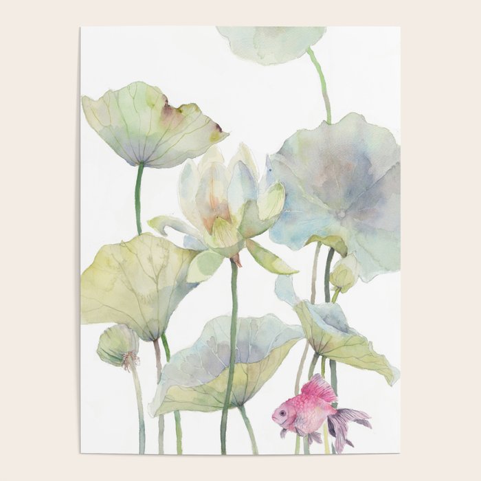 Lotus Flower and Leaves Pink Goldfish Watercolor  Poster Gallery Image 1