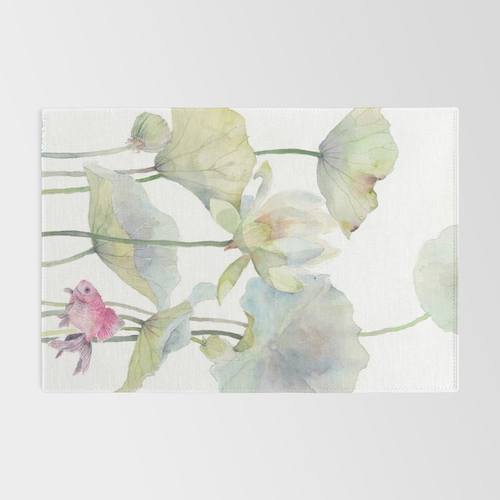 Lotus Flower and Leaves Pink Goldfish Watercolor  Rug Gallery Image 2