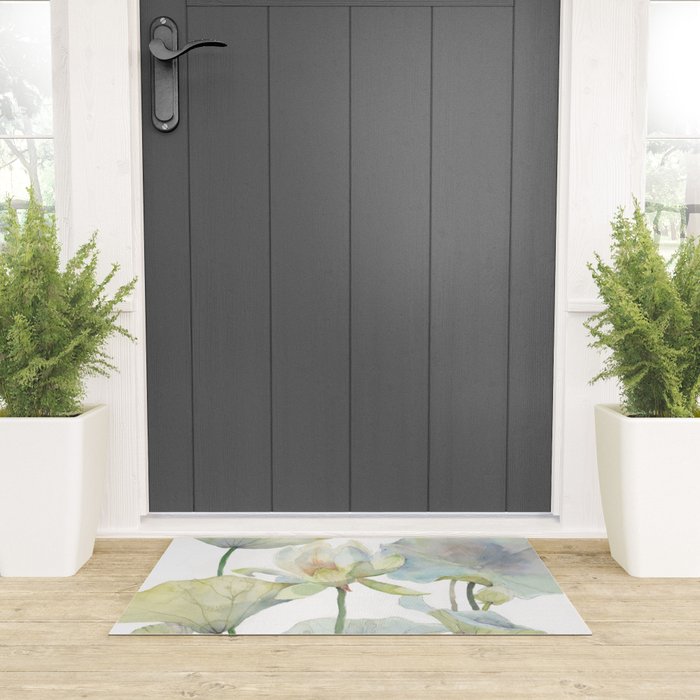 Lotus Flower and Leaves Pink Goldfish Watercolor  Welcome Mat Gallery Image 3