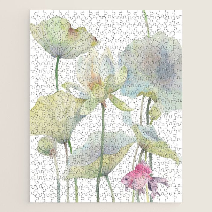 Lotus Flower and Leaves Pink Goldfish Watercolor  Jigsaw Puzzle Gallery Image 1