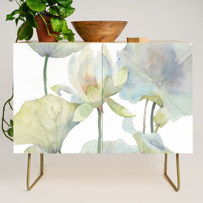 Lotus Flower and Leaves Pink Goldfish Watercolor  Credenza Gallery Image 1