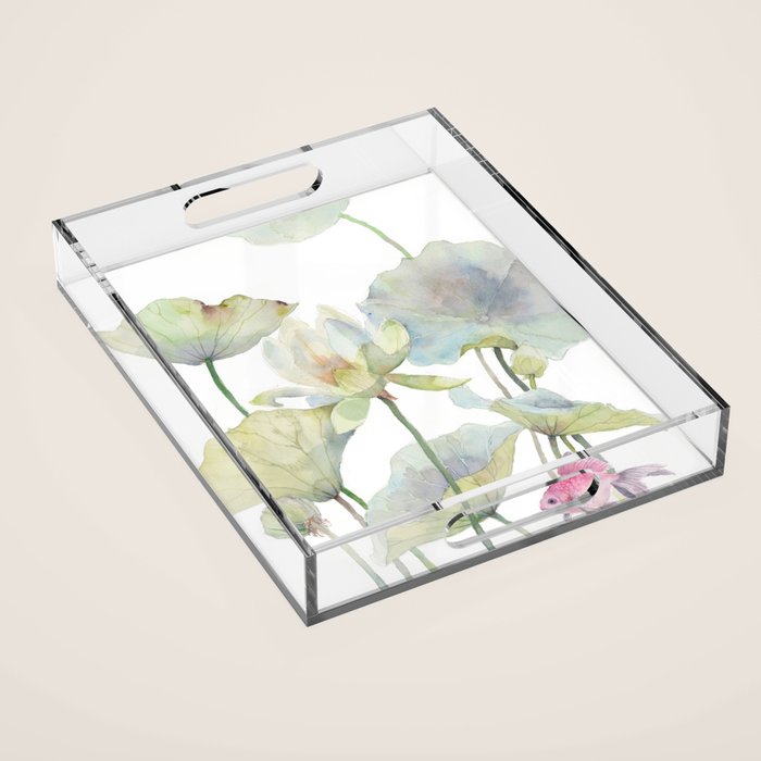 Lotus Flower and Leaves Pink Goldfish Watercolor  Acrylic Tray Gallery Image 1