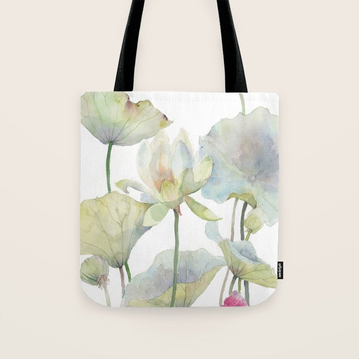 Lotus Flower and Leaves Pink Goldfish Watercolor  Tote Bag Gallery Image 1