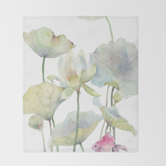 Lotus Flower and Leaves Pink Goldfish Watercolor  Throw Blanket Gallery Image 2