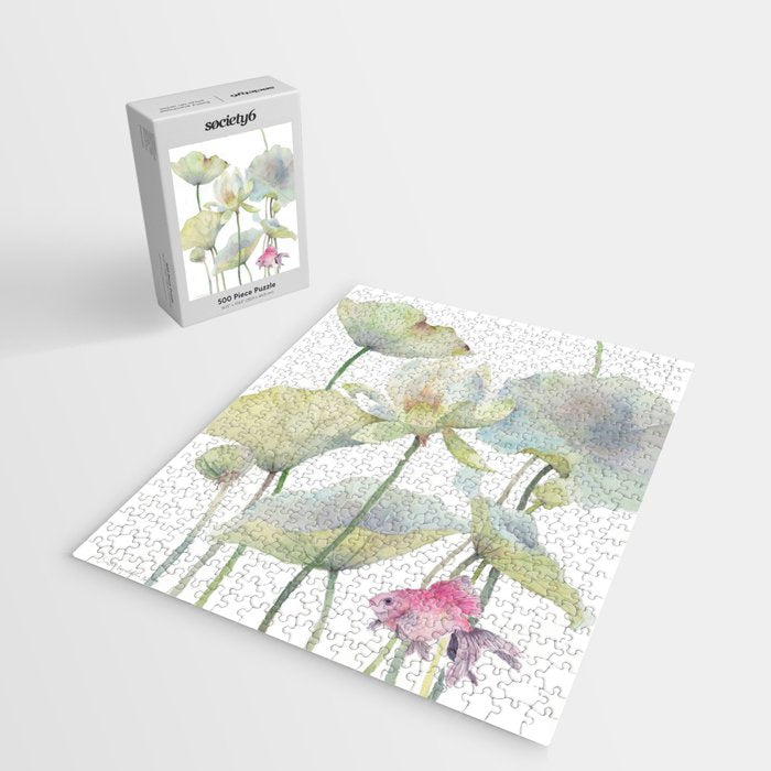 Lotus Flower and Leaves Pink Goldfish Watercolor  Jigsaw Puzzle Gallery Image 2
