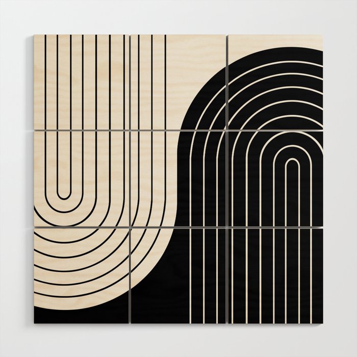 Two Tone Line Curvature VIII Black and White Modern Arch Abstract Wood Wall Art Gallery Image 1
