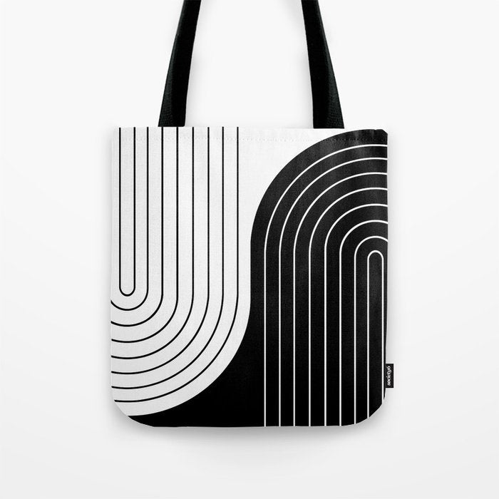 Two Tone Line Curvature VIII Black and White Modern Arch Abstract Tote Bag Gallery Image 1