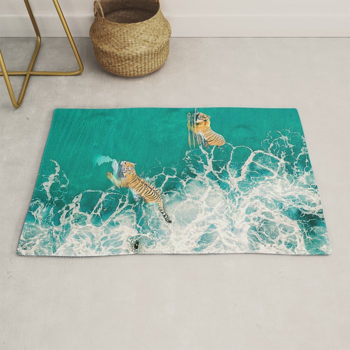 Big Cat Tiger Surfing At Beach Rug Gallery Image 1