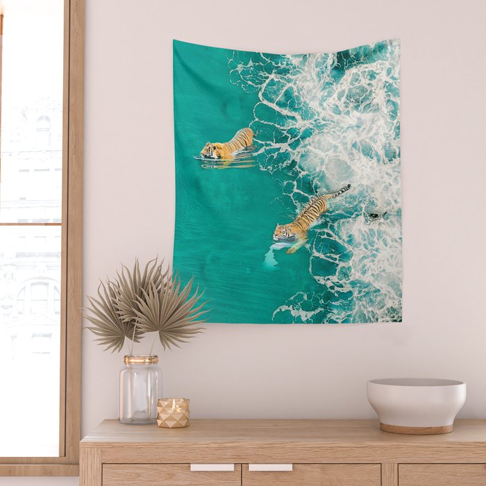 Big Cat Tiger Surfing At Beach Wall Tapestry Gallery Image 2
