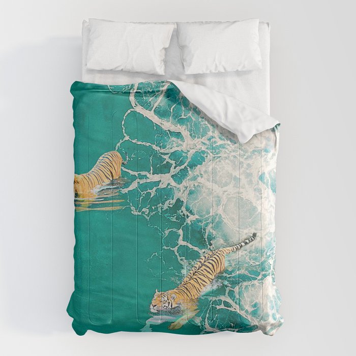 Big Cat Tiger Surfing At Beach Comforter Gallery Image 6