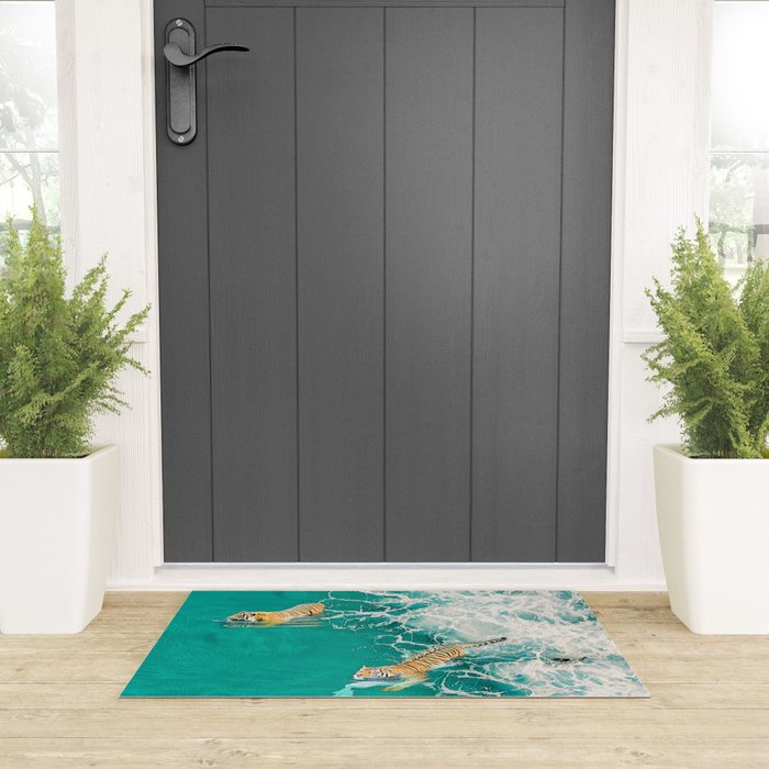 Big Cat Tiger Surfing At Beach Welcome Mat Gallery Image 3