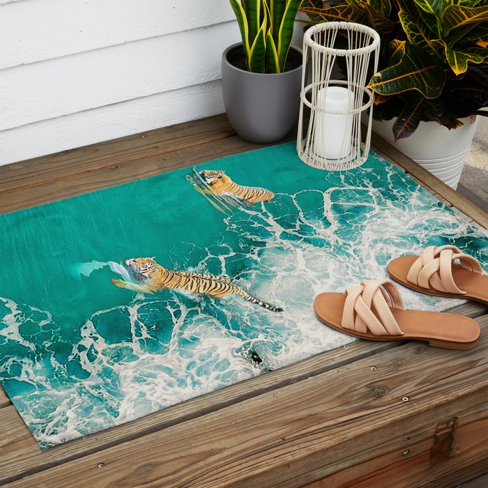 Big Cat Tiger Surfing At Beach Outdoor Rug Gallery Image 2