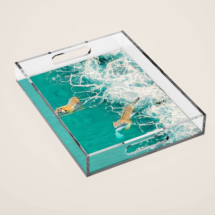 Big Cat Tiger Surfing At Beach Acrylic Tray Gallery Image 1