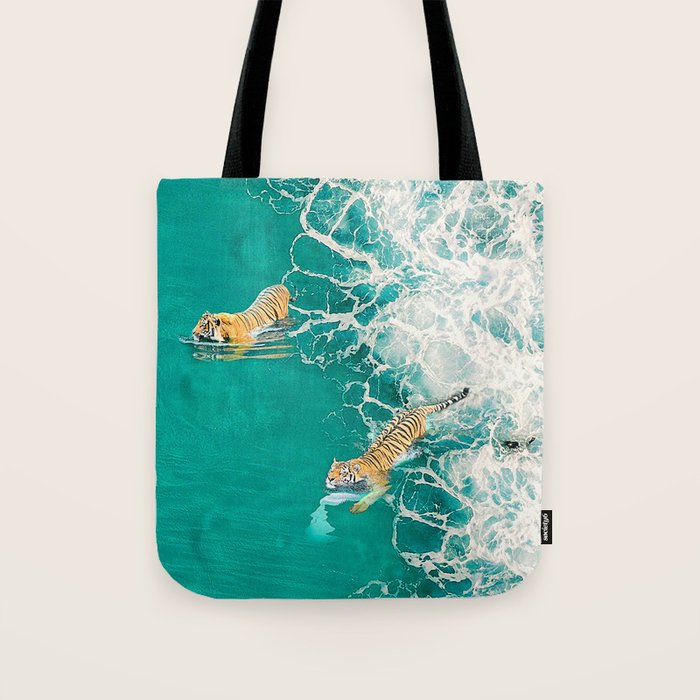 Big Cat Tiger Surfing At Beach Tote Bag Gallery Image 1