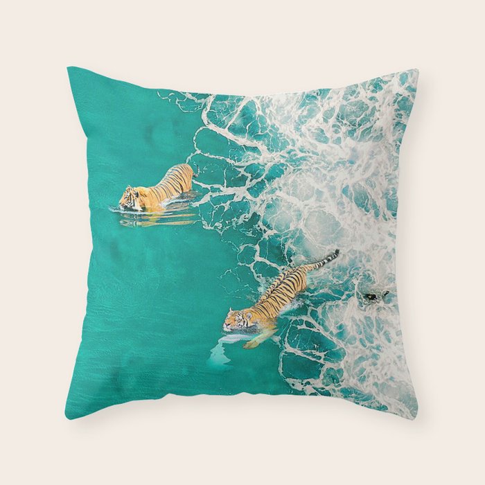 Big Cat Tiger Surfing At Beach Throw Pillow Gallery Image 1