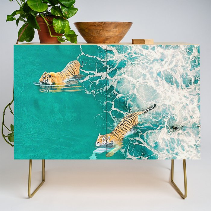 Big Cat Tiger Surfing At Beach Credenza Gallery Image 1
