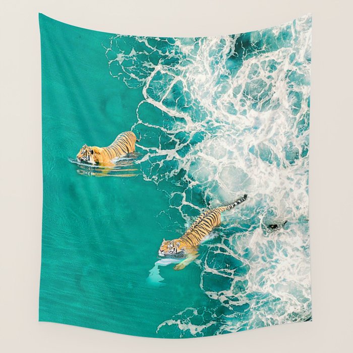 Big Cat Tiger Surfing At Beach Wall Tapestry Gallery Image 4