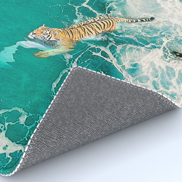 Big Cat Tiger Surfing At Beach Rug Gallery Image 4