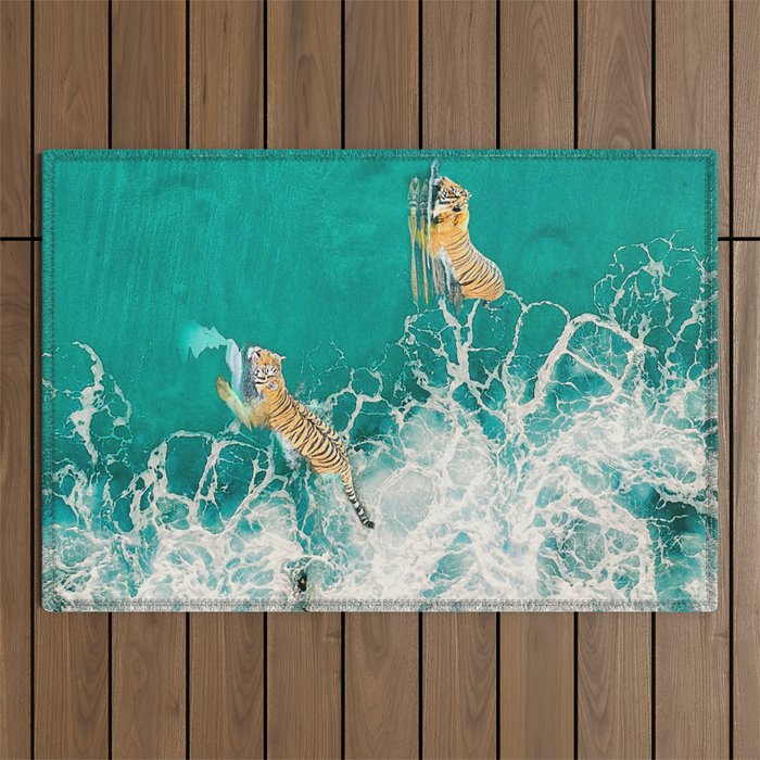 Big Cat Tiger Surfing At Beach Outdoor Rug Gallery Image 1
