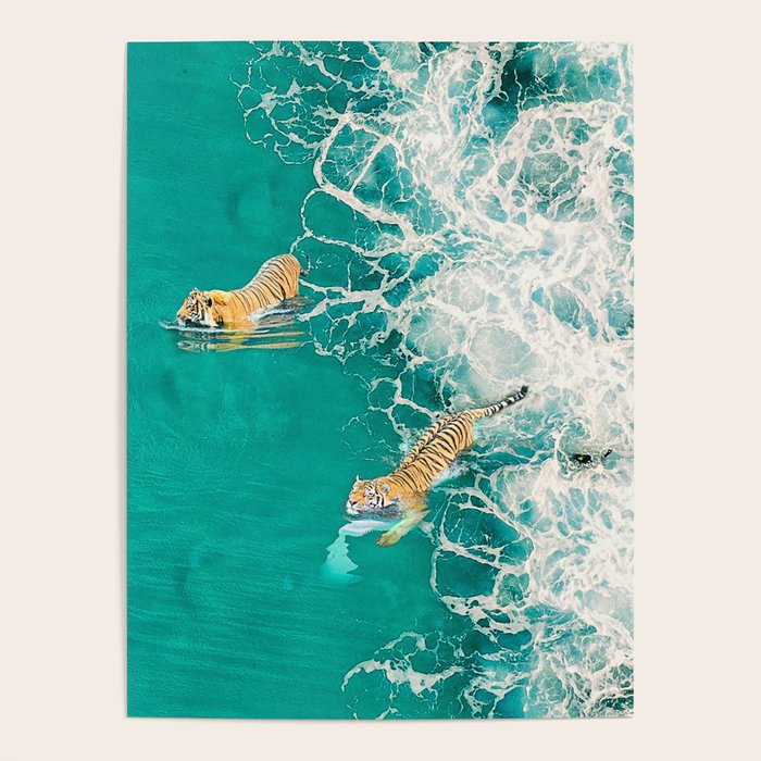 Big Cat Tiger Surfing At Beach Poster Gallery Image 4