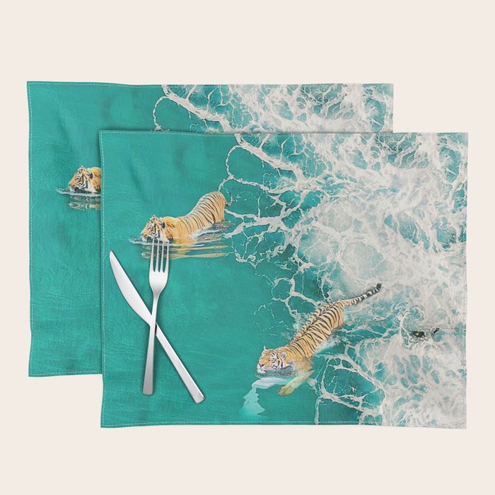 Big Cat Tiger Surfing At Beach Placemat