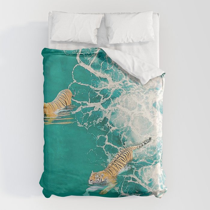 Big Cat Tiger Surfing At Beach Duvet Cover Gallery Image 1