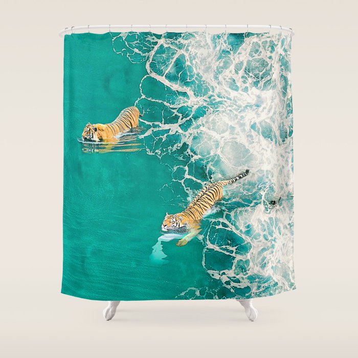 Big Cat Tiger Surfing At Beach Shower Curtain Gallery Image 1