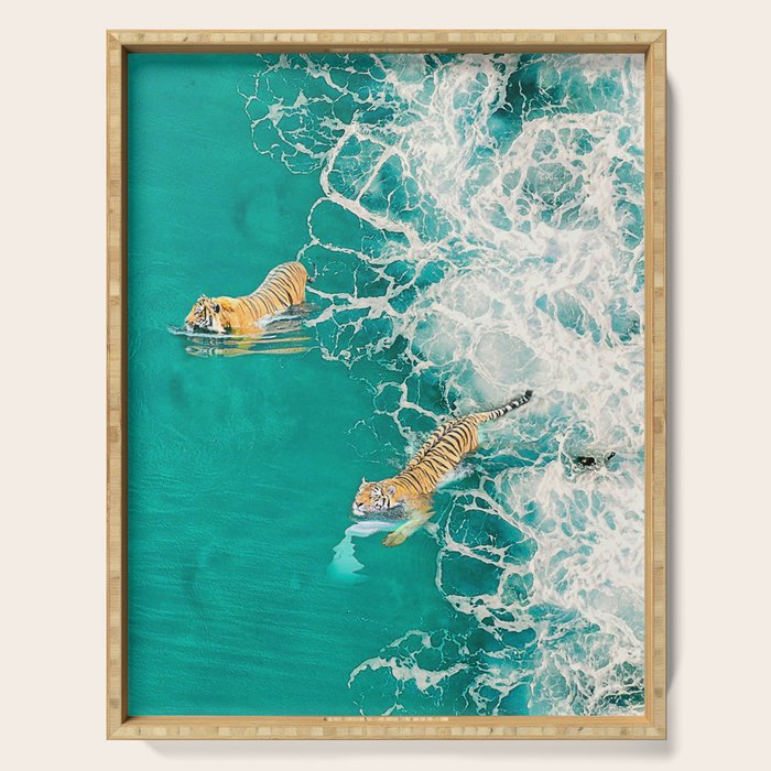 Big Cat Tiger Surfing At Beach Serving Tray Gallery Image 1