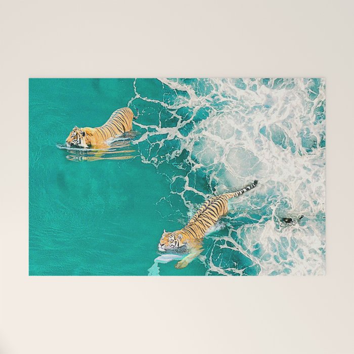 Big Cat Tiger Surfing At Beach Welcome Mat Gallery Image 1