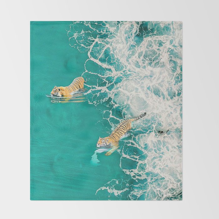 Big Cat Tiger Surfing At Beach Throw Blanket Gallery Image 2