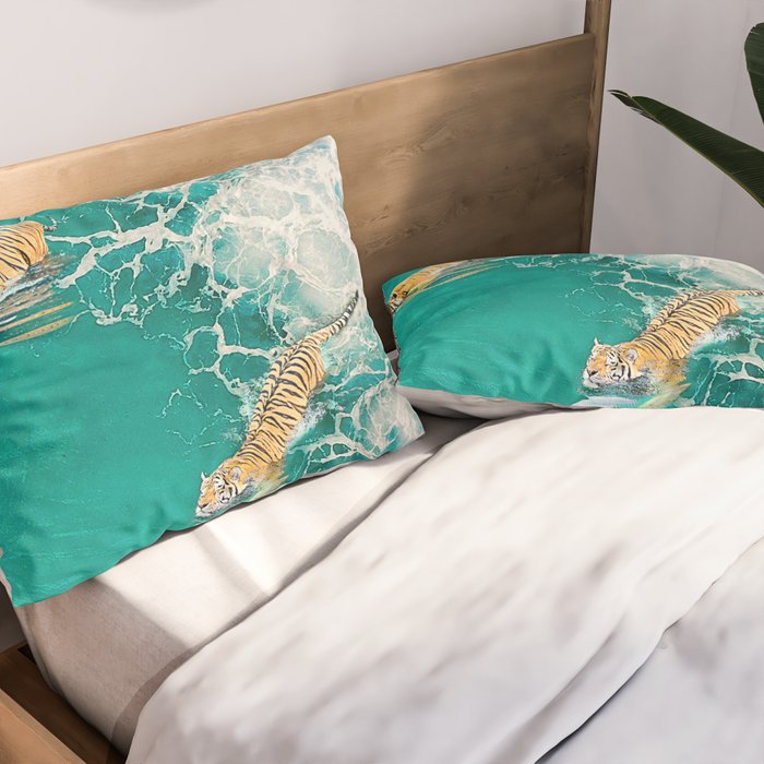Big Cat Tiger Surfing At Beach Pillow Sham Gallery Image 2