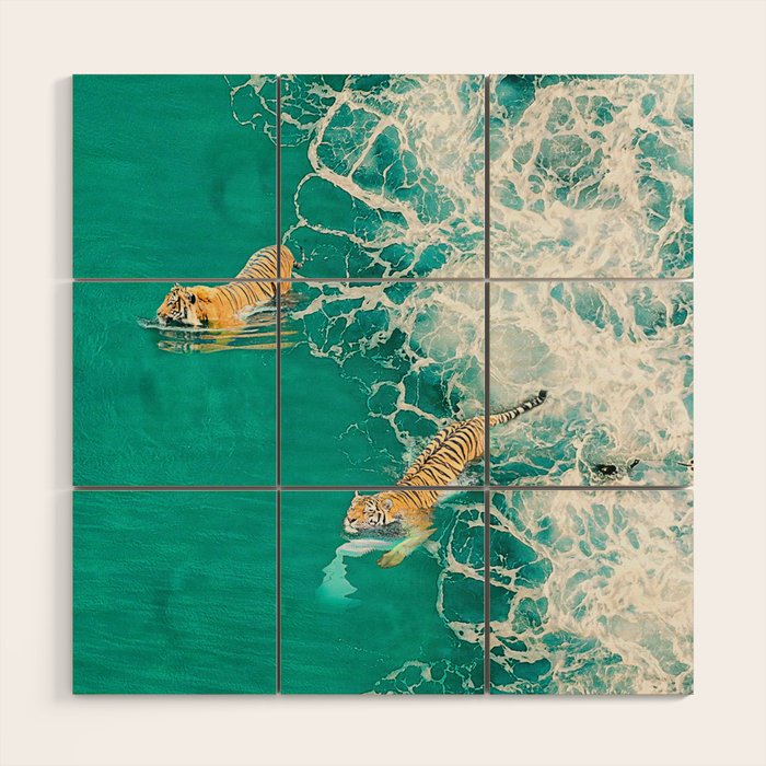 Big Cat Tiger Surfing At Beach Wood Wall Art Gallery Image 1