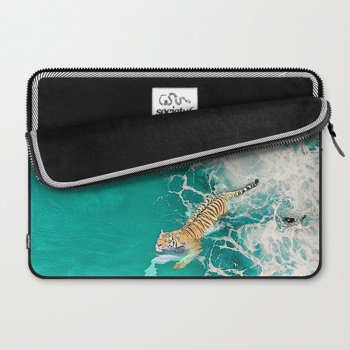 Big Cat Tiger Surfing At Beach Laptop Sleeve Gallery Image 2
