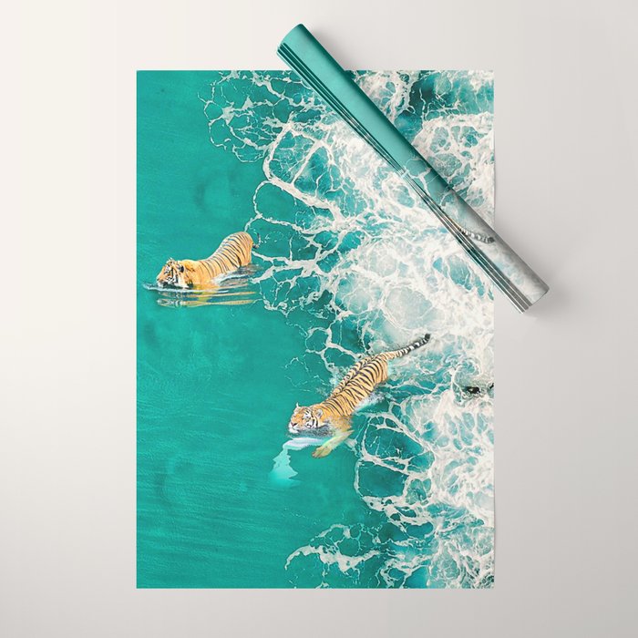 Big Cat Tiger Surfing At Beach Wrapping Paper Gallery Image 1