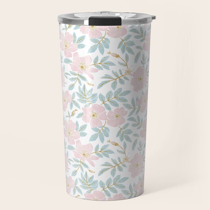 Wild Mountain Roses - pink, mint, and gold Travel Mug Gallery Image 1