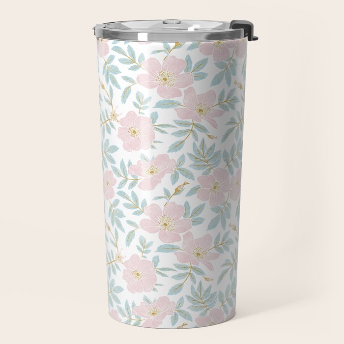 Wild Mountain Roses - pink, mint, and gold Travel Mug Gallery Image 2