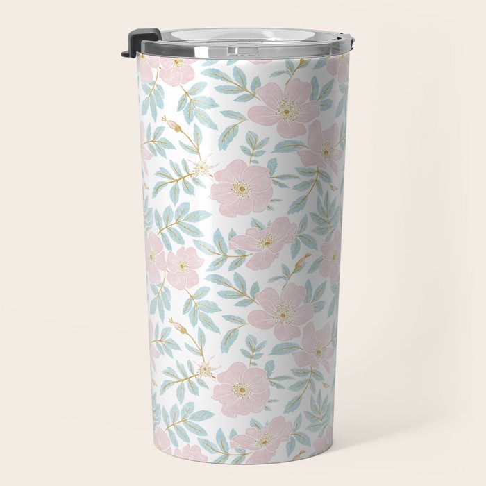 Wild Mountain Roses - pink, mint, and gold Travel Mug Gallery Image 3
