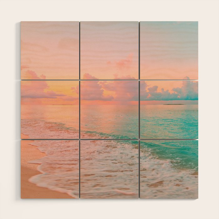 Beautiful: Aqua, Turquoise, Pink, Sunset Relaxing, Peaceful, Coastal Seashore Wood Wall Art Gallery Image 1