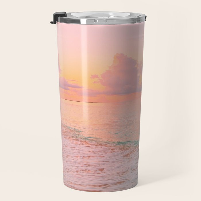 Beautiful: Aqua, Turquoise, Pink, Sunset Relaxing, Peaceful, Coastal Seashore Travel Mug Gallery Image 3