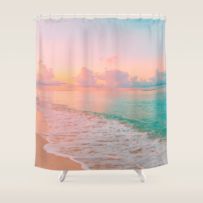 Beautiful: Aqua, Turquoise, Pink, Sunset Relaxing, Peaceful, Coastal Seashore Shower Curtain Gallery Image 1