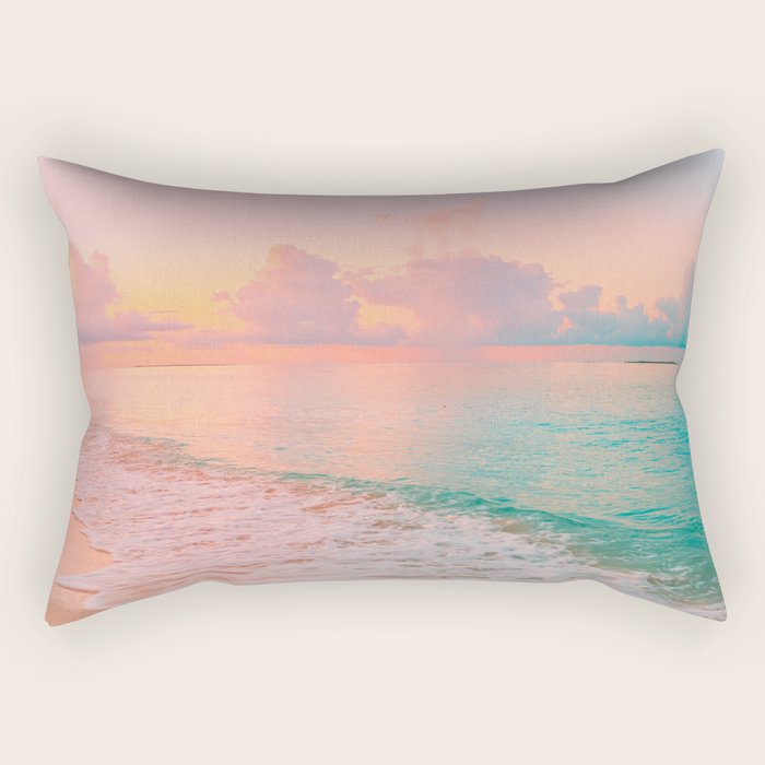 Beautiful: Aqua, Turquoise, Pink, Sunset Relaxing, Peaceful, Coastal Seashore Rectangular Pillow Gallery Image 1