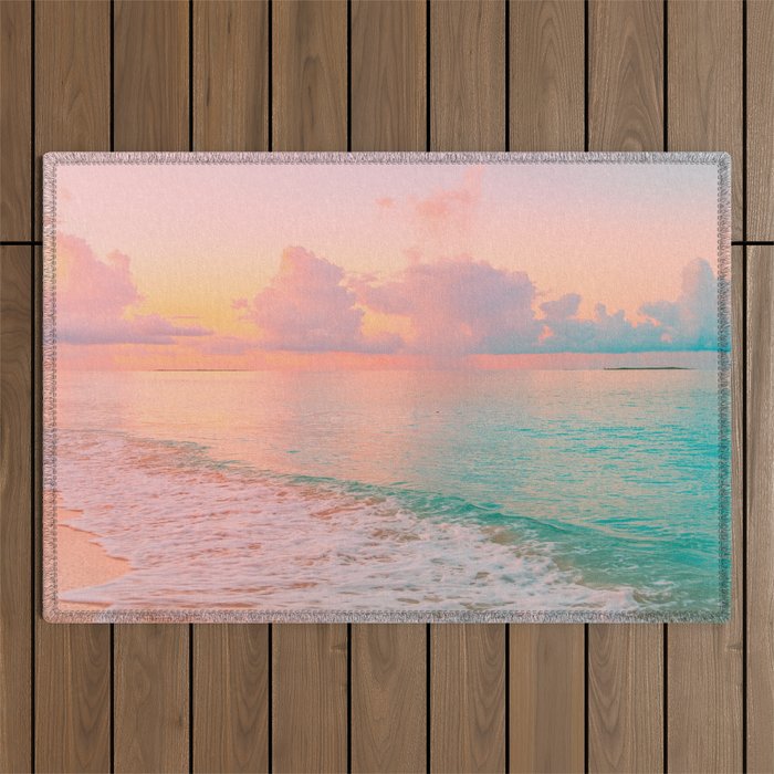 Beautiful: Aqua, Turquoise, Pink, Sunset Relaxing, Peaceful, Coastal Seashore Outdoor Rug Gallery Image 1