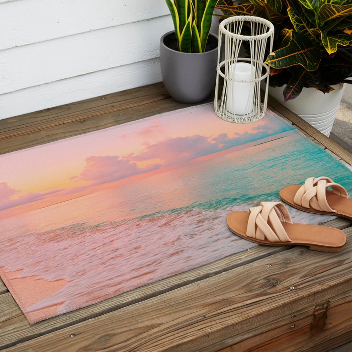 Beautiful: Aqua, Turquoise, Pink, Sunset Relaxing, Peaceful, Coastal Seashore Outdoor Rug Gallery Image 2
