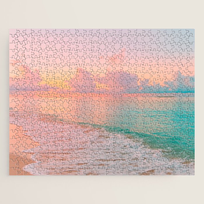 Beautiful: Aqua, Turquoise, Pink, Sunset Relaxing, Peaceful, Coastal Seashore Jigsaw Puzzle Gallery Image 1