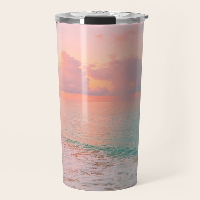 Beautiful: Aqua, Turquoise, Pink, Sunset Relaxing, Peaceful, Coastal Seashore Travel Mug Gallery Image 1