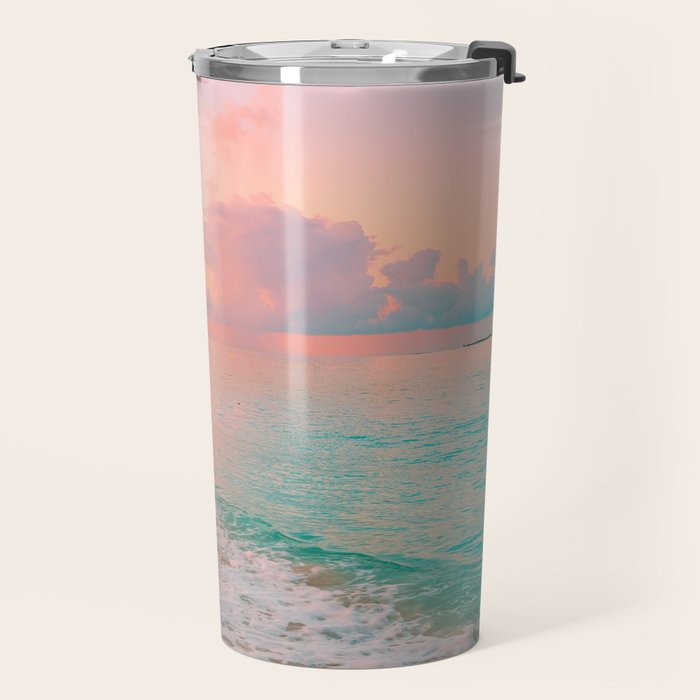 Beautiful: Aqua, Turquoise, Pink, Sunset Relaxing, Peaceful, Coastal Seashore Travel Mug Gallery Image 2