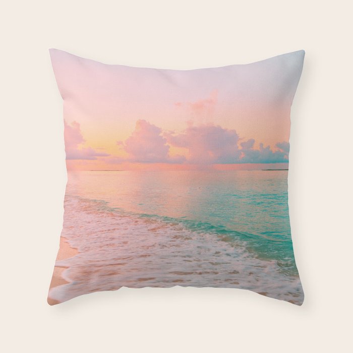 Beautiful: Aqua, Turquoise, Pink, Sunset Relaxing, Peaceful, Coastal Seashore Throw Pillow Gallery Image 1