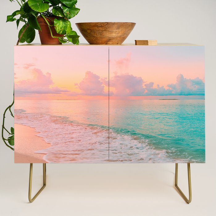 Beautiful: Aqua, Turquoise, Pink, Sunset Relaxing, Peaceful, Coastal Seashore Credenza Gallery Image 1
